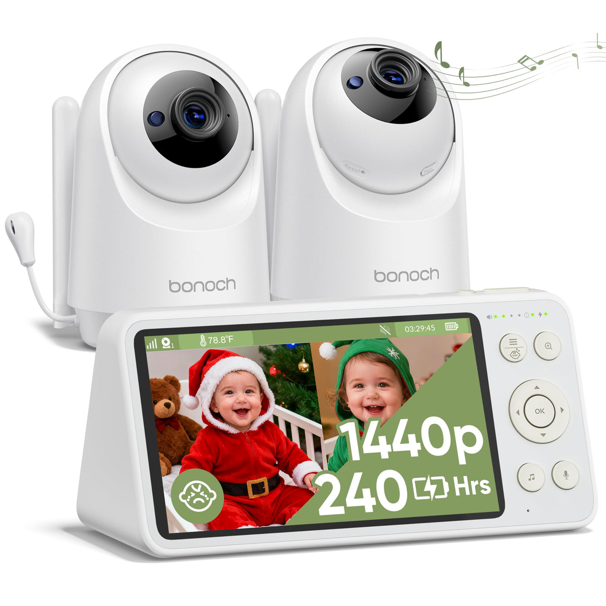 bonoch 1440p baby monitor split-screen shows two cameras for twins monitoring