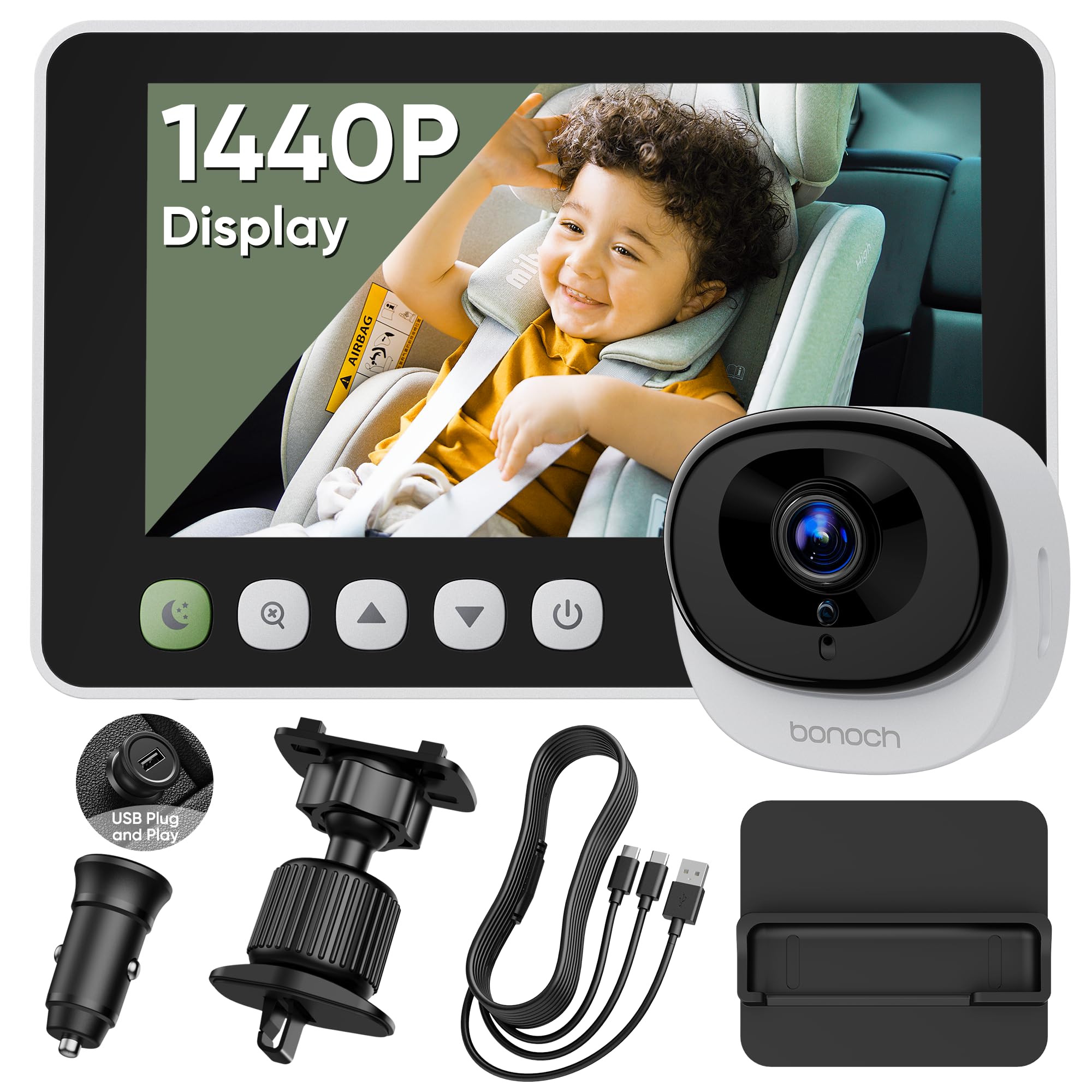 bonoch 5-inch 1440P display offers crystal-clear baby activity on the road.