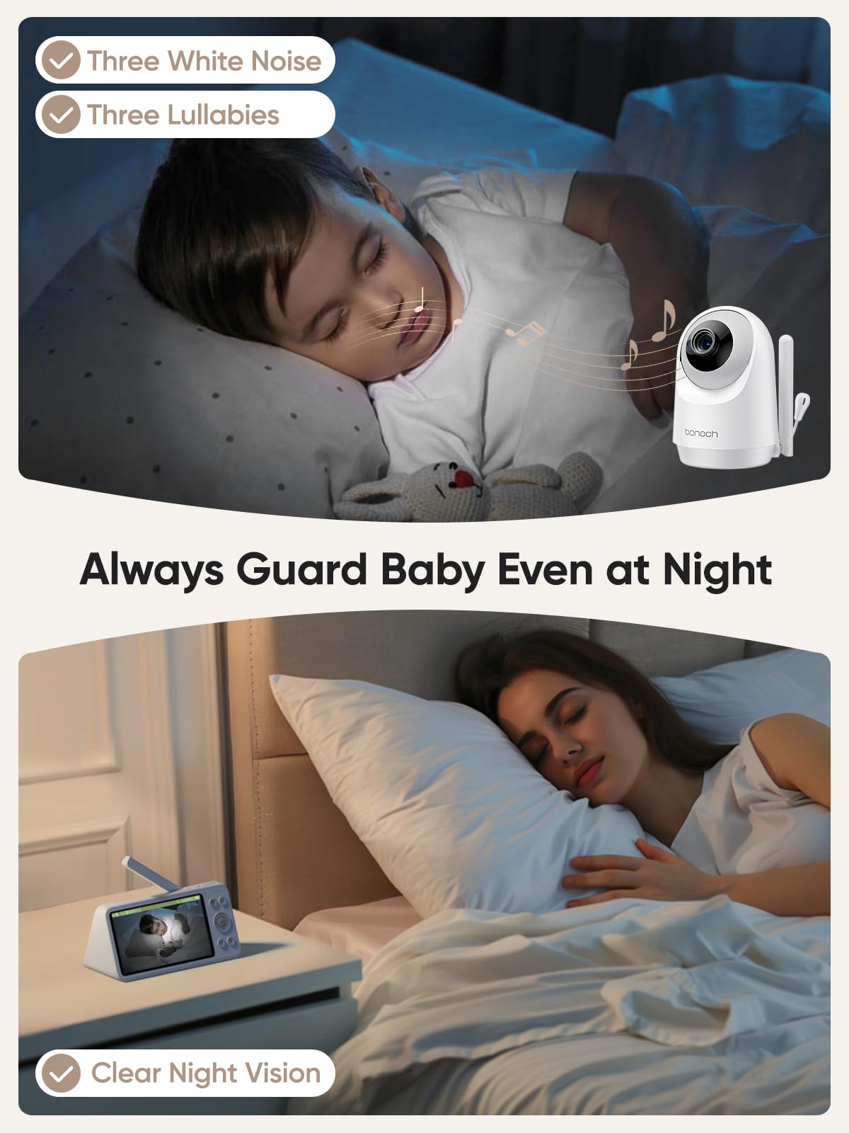 bonoch add-on camera night vision reveals baby in low light clearly.