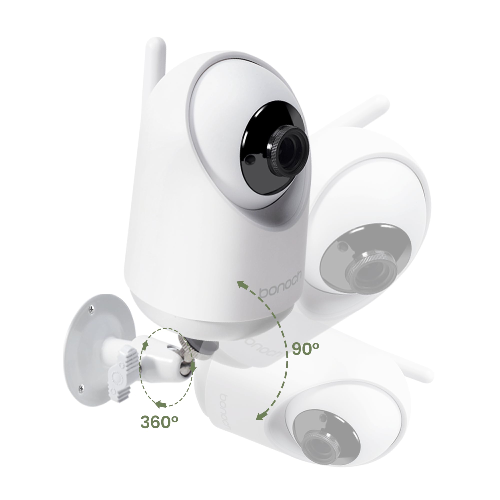 Bonoch metal holder demonstrates secure screw fixation for stable baby camera placement.
