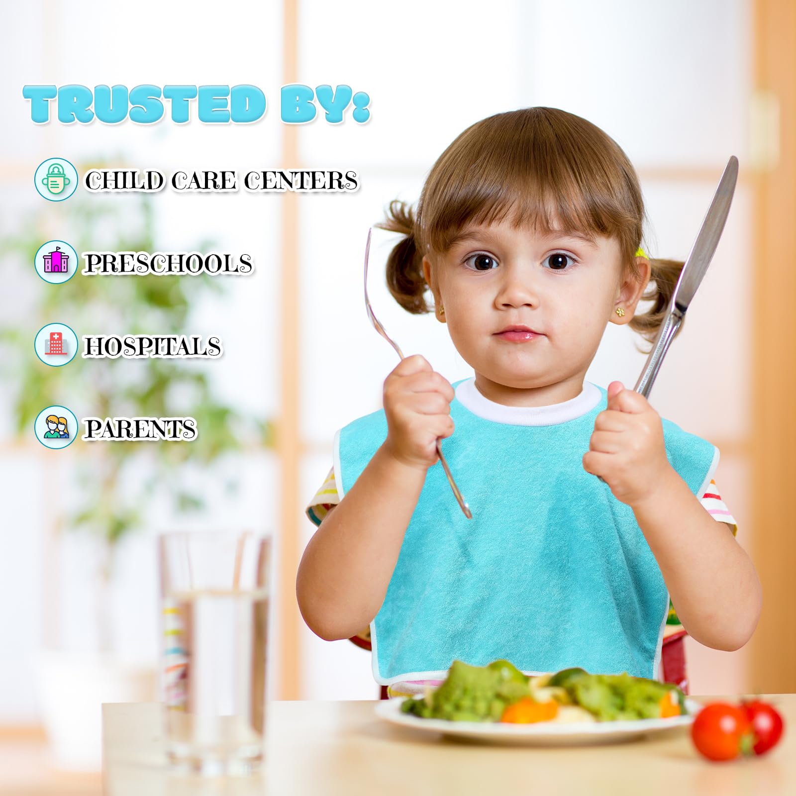 Bonuci slip-on bib close-up demonstrates full-coverage protection during meals