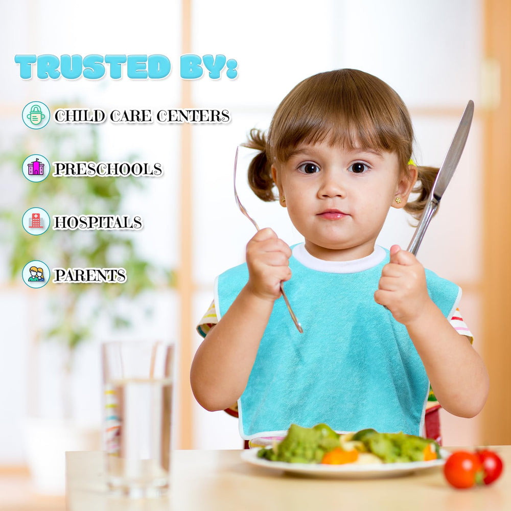 Bonuci slip-on bib close-up demonstrates full-coverage protection during meals