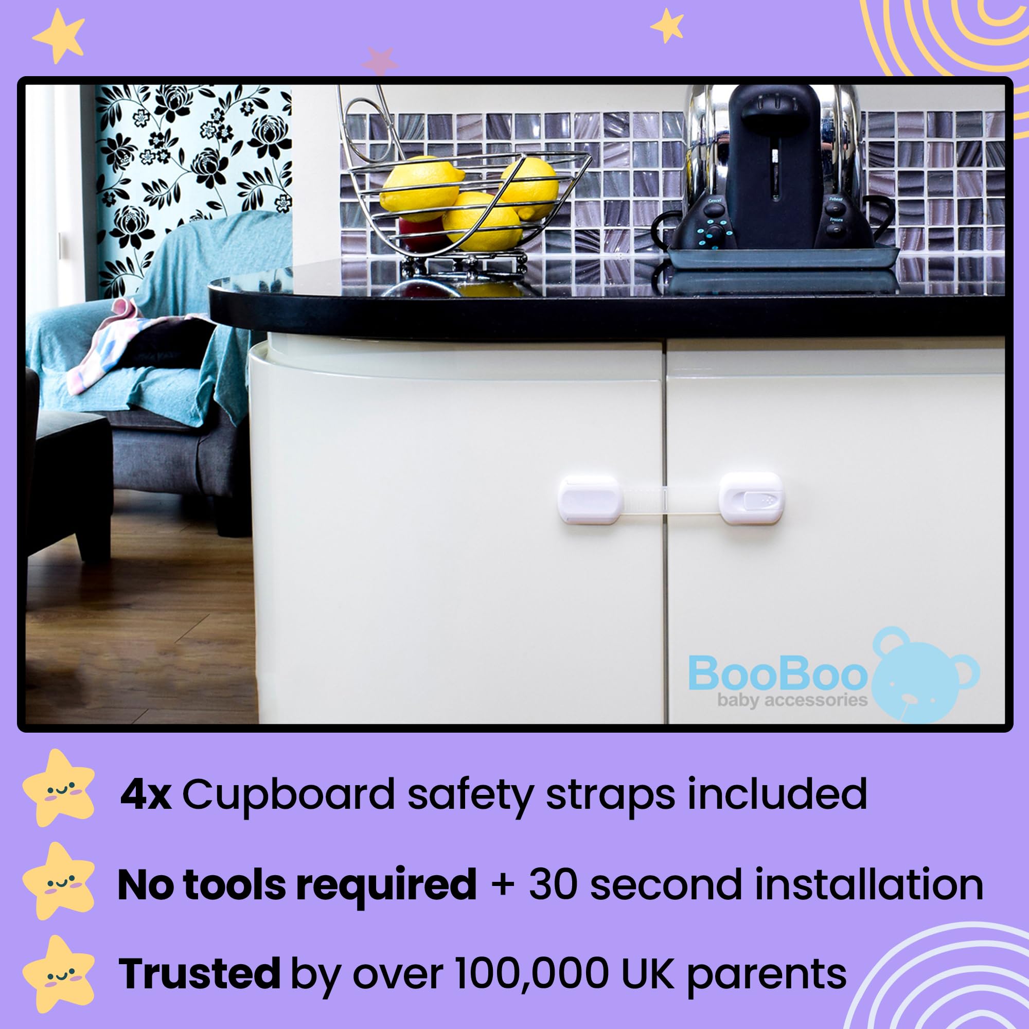 BooBoo Baby cabinet and drawer lock shown in a kitchen setup