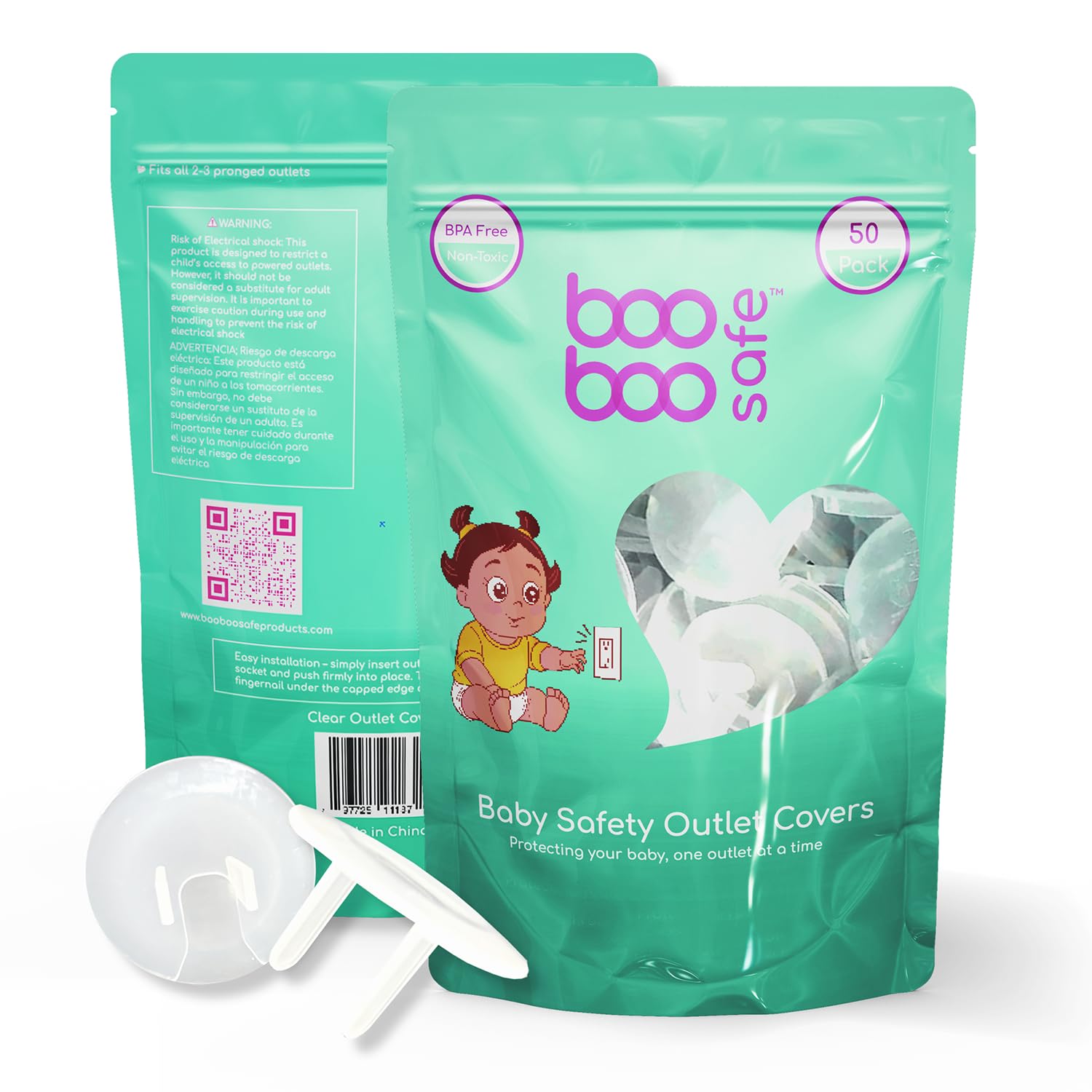 Boo Boo Safe easy-install outlet covers shown being snapped into place to protect children.