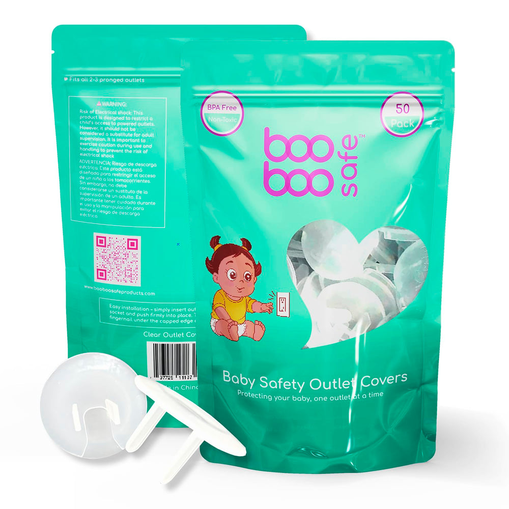 Boo Boo Safe easy-install outlet covers shown being snapped into place to protect children.