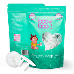Boo Boo Safe easy-install outlet covers shown being snapped into place to protect children.