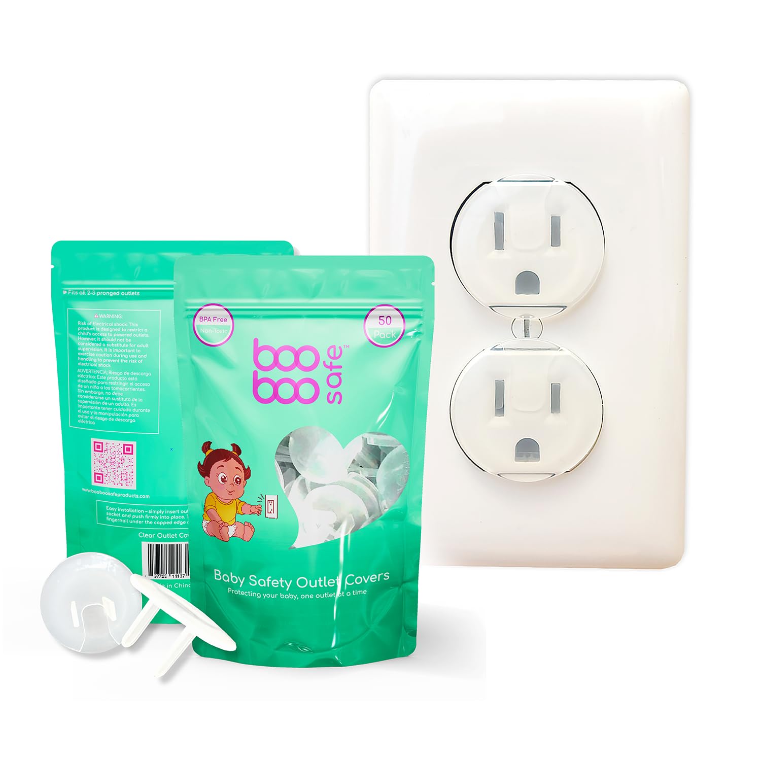 Boo Boo Safe outlet covers in a transparent 50-pack shield outlets from curious fingers.