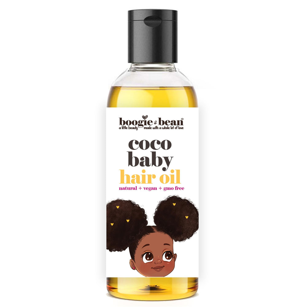 Boogie and Bean Coco Baby Hair Oil bottle—gentle scalp hydration for babies.
