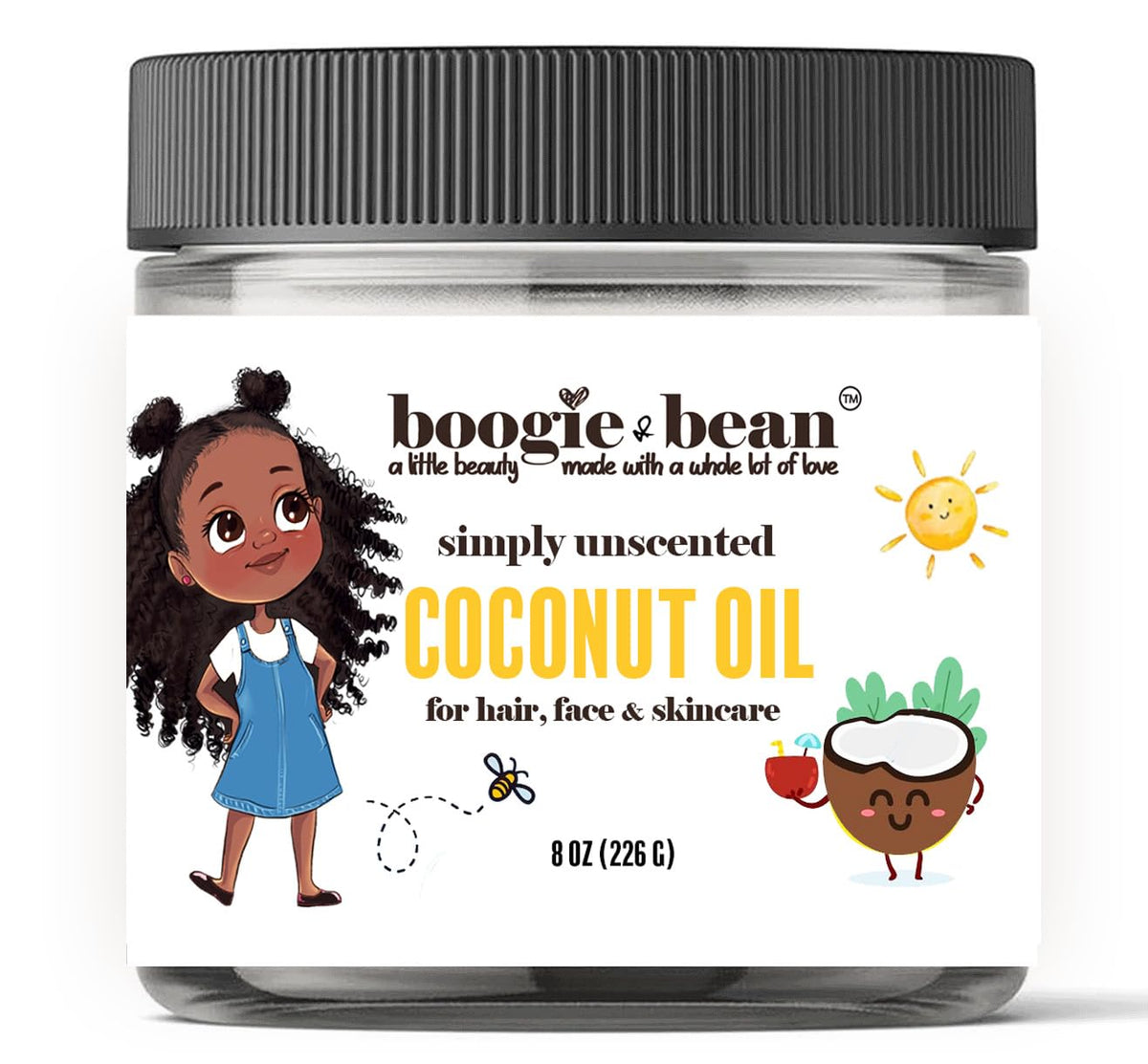 Boogie and Bean coconut oil bottle showcases unscented formula for gentle baby skin.
