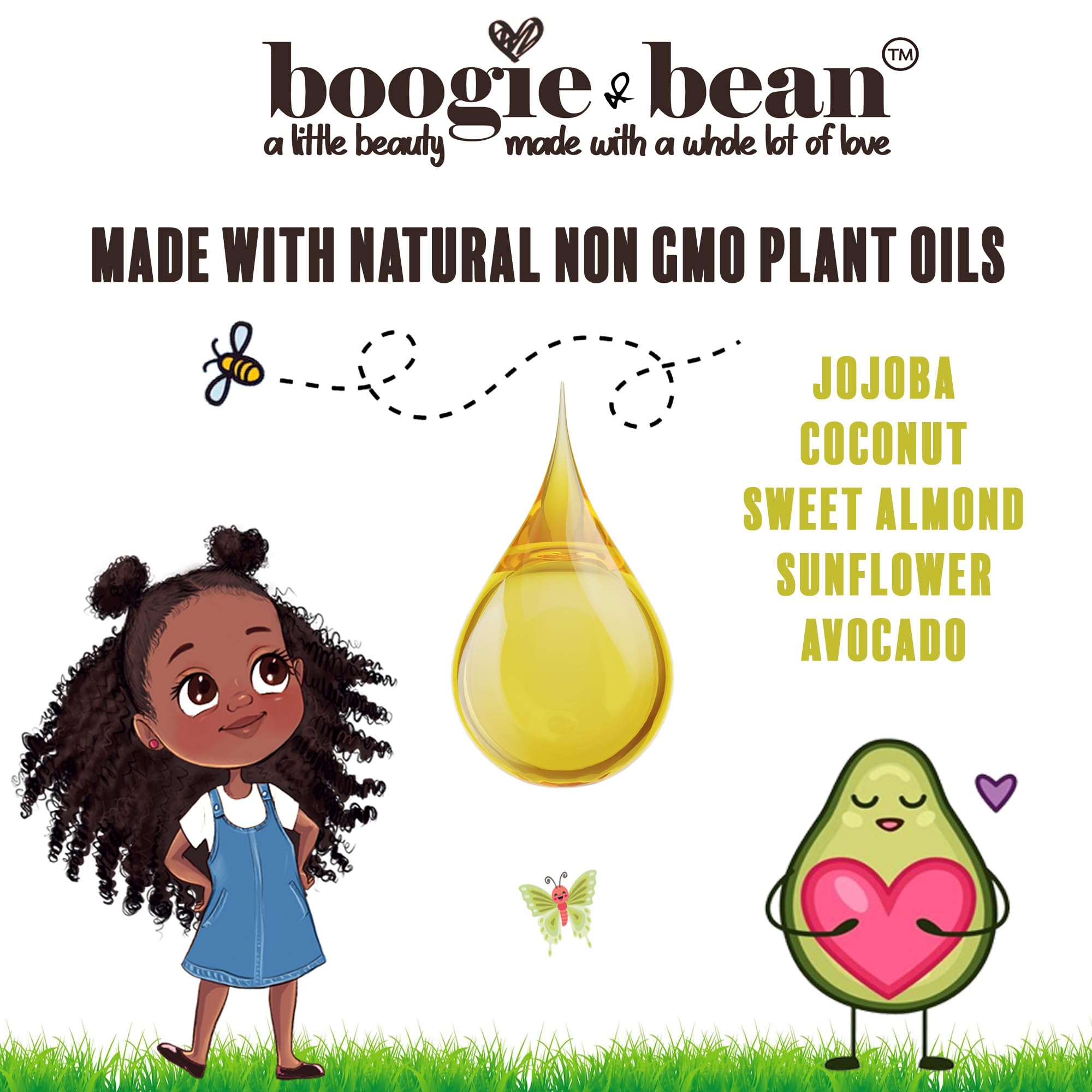 Boogie and Bean coconut oil applied to kid's hair for gentle shine.