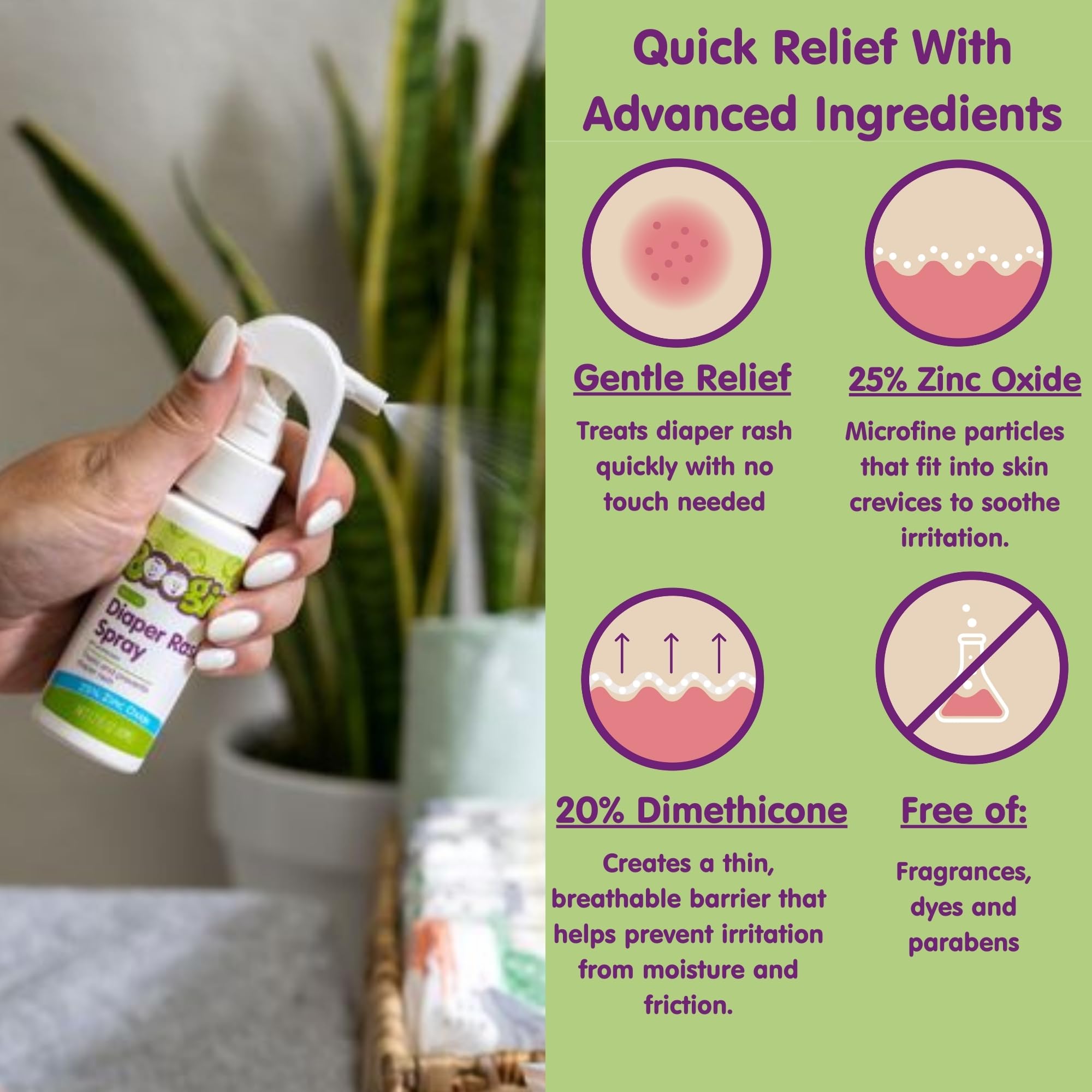 Boogie Diaper Rash Cream Spray bottle-closeup reinforces pediatrician-recommended care.