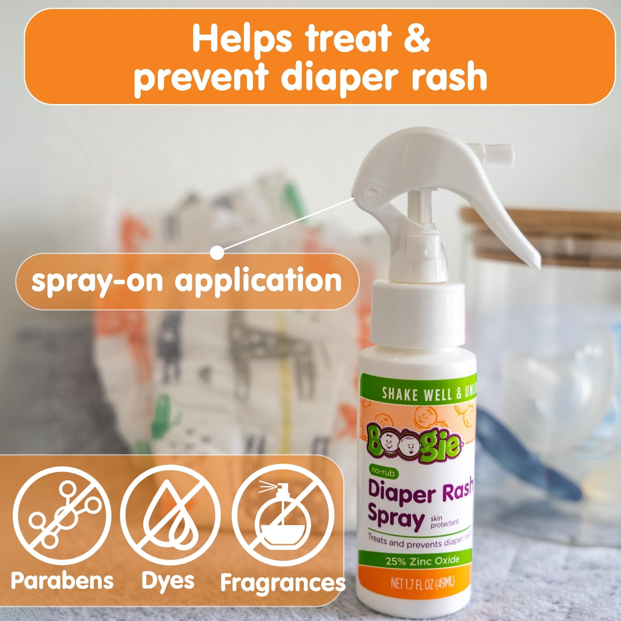 Boogie Diaper Rash Cream Spray on skin demonstrates easy, mess-free diaper changes.