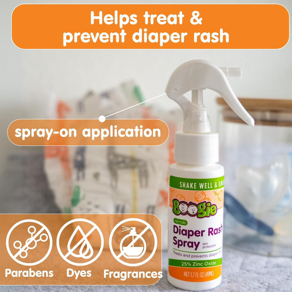 Boogie Diaper Rash Cream Spray on skin demonstrates easy, mess-free diaper changes.