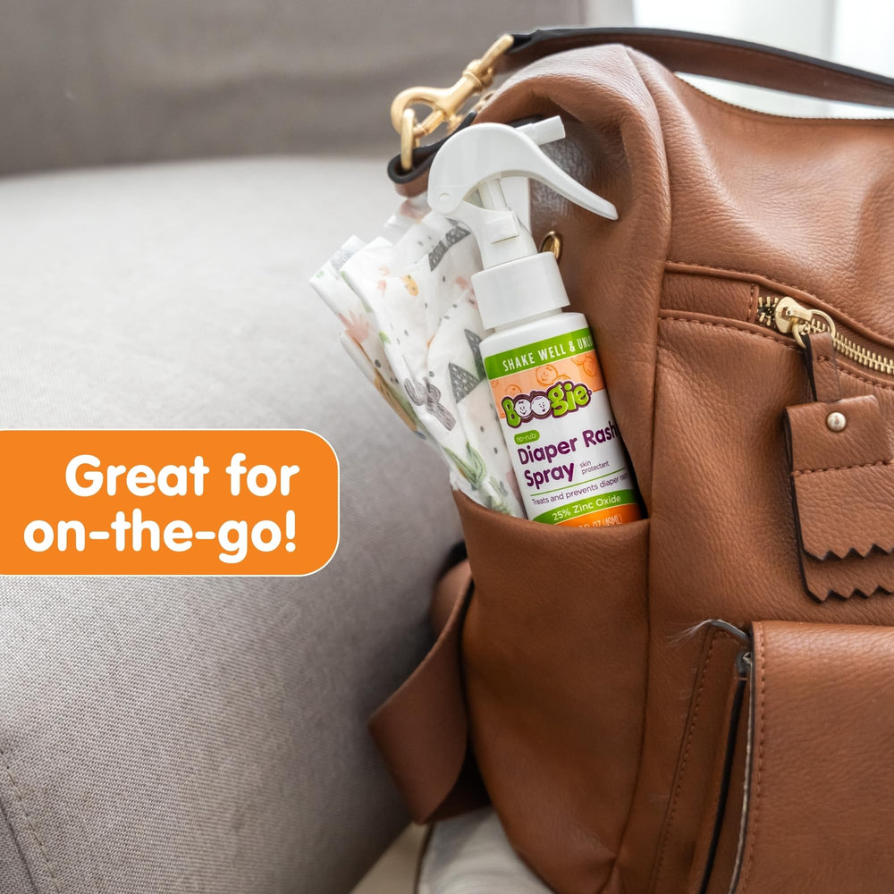 Boogie Diaper Rash Cream Spray compact bottle for on-the-go diaper care.