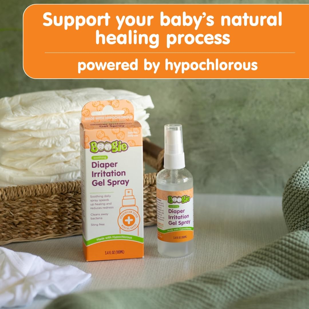 Boogie Hypochlorous daily-care spray shown for quick diaper-change cleansing.