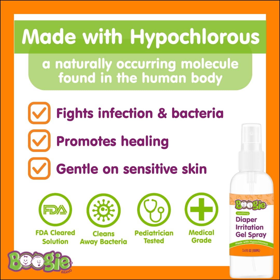 Boogie Hypochlorous pediatrician-tested spray highlighting fragrance-free formula for sensitive baby skin.
