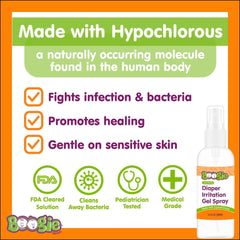 Boogie Hypochlorous pediatrician-tested spray highlighting fragrance-free formula for sensitive baby skin.