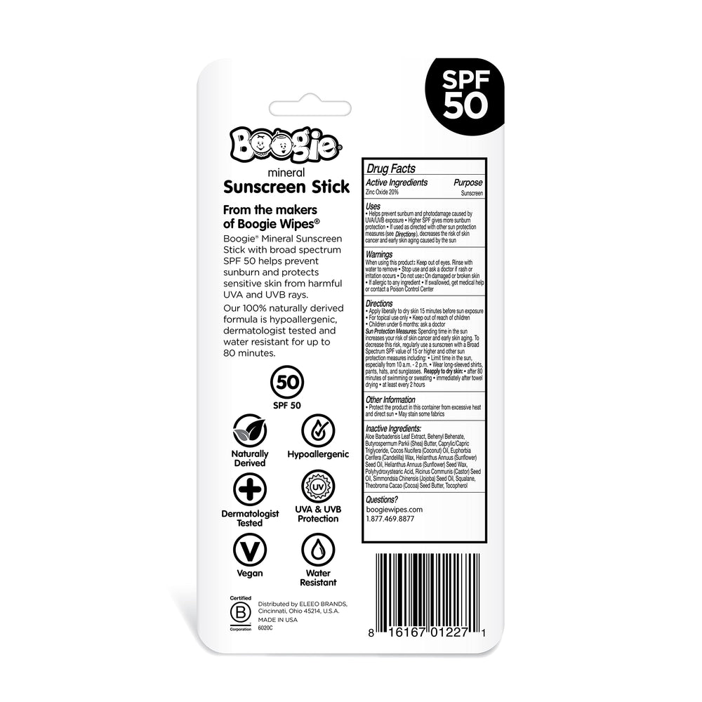 Boogie Mineral Sunscreen Stick in use, SPF 50 protection for sensitive skin.