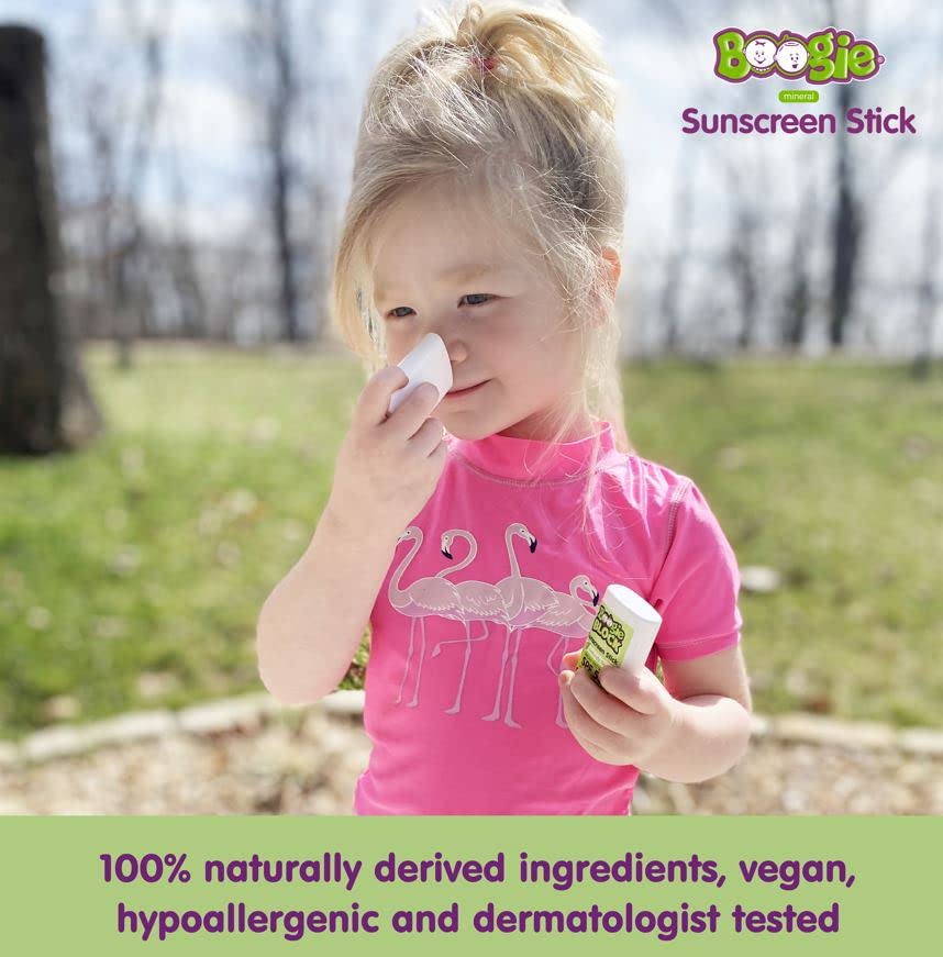 Boogie mineral sunscreen stick with vegan ingredients for gentle use.