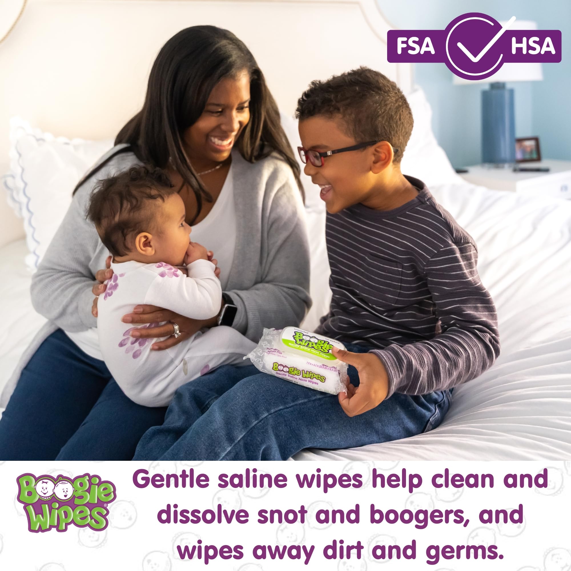 Boogie saline nose wipes application closeup shows soft texture for quick sniffle relief