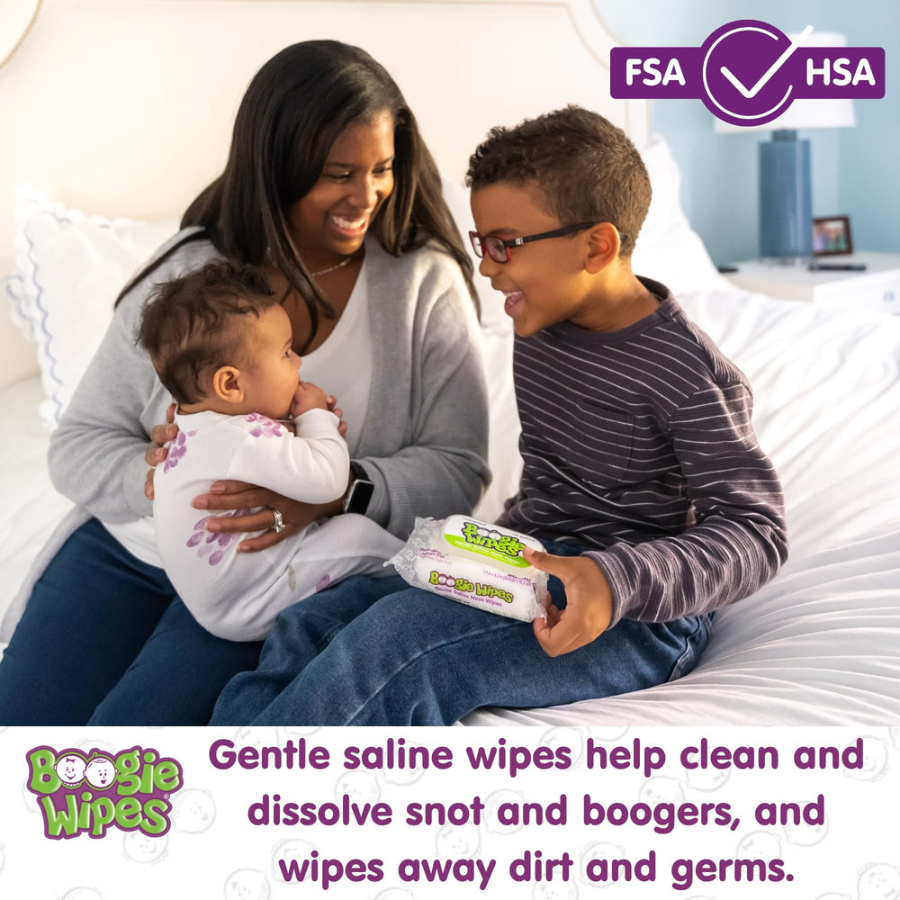 Boogie saline nose wipes application closeup shows soft texture for quick sniffle relief