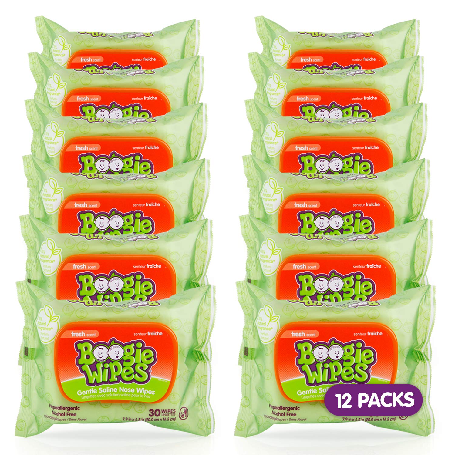 Boogie saline nose wipes packaging shows a resealable pack for quick, family-friendly cleanups