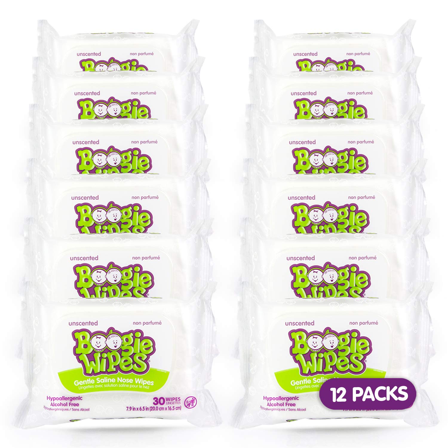 Boogie saline nose wipes unscented pack-12 box for gentle family use