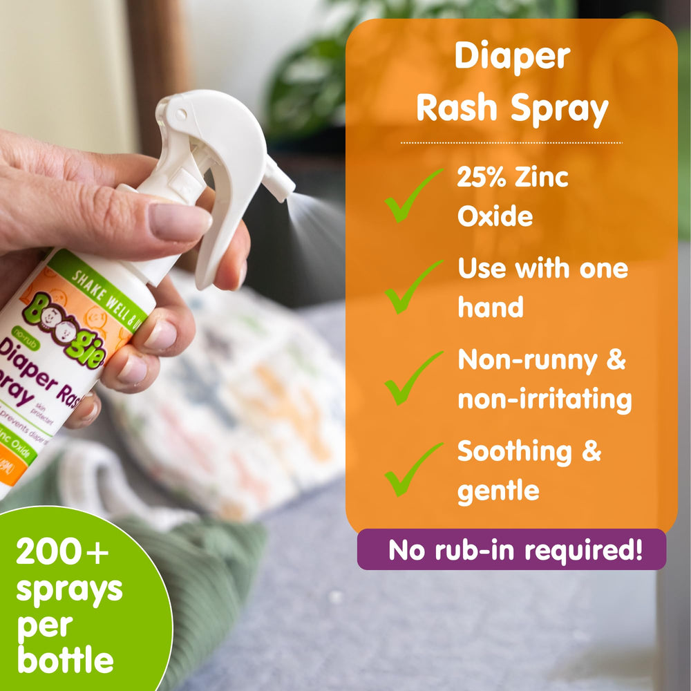Boogie spray applying to diaper area demonstrates even coverage and fast soothing.