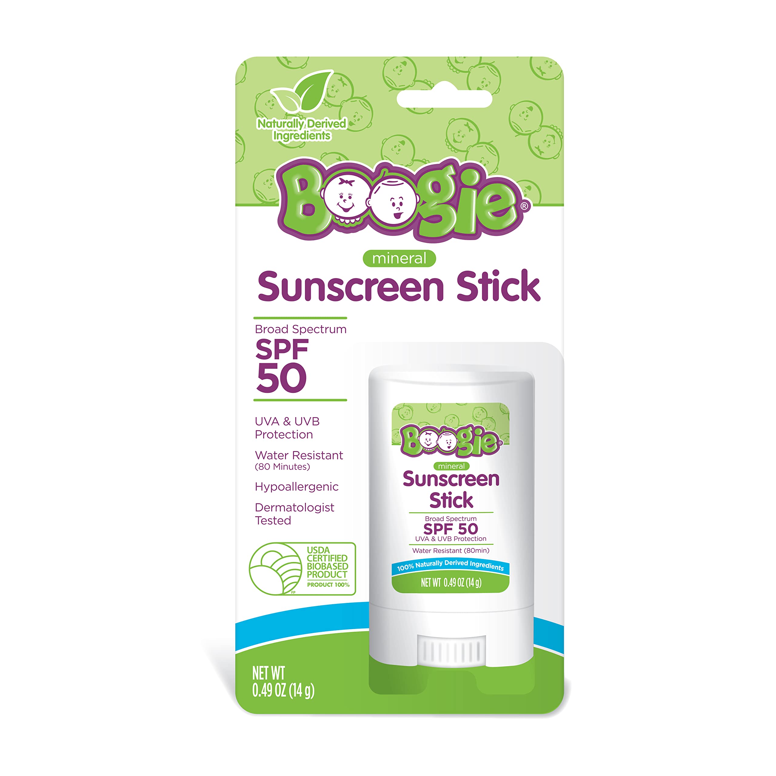 Boogie sunscreen stick applied to a child's face during outdoor activity.