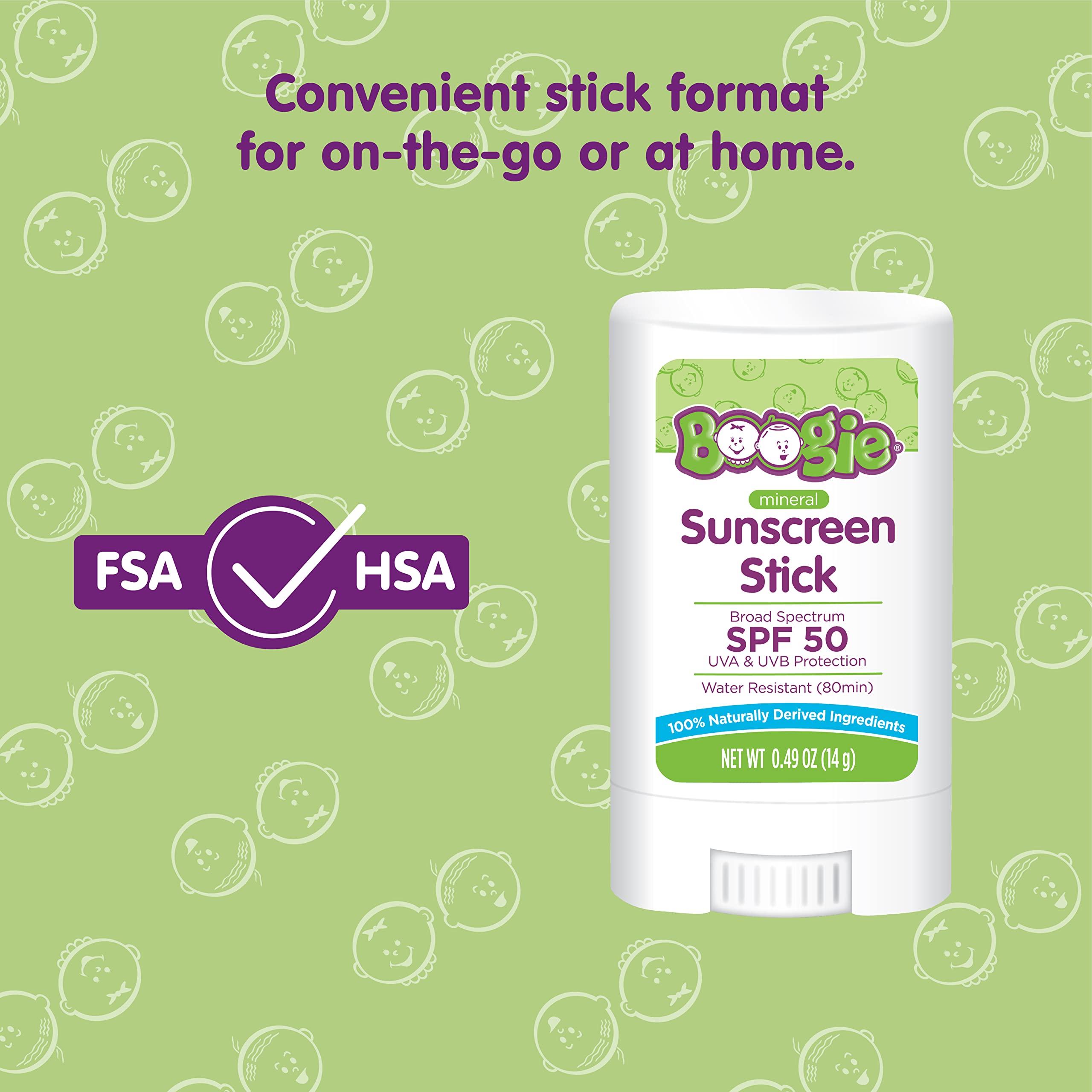 Boogie travel-size sunscreen stick perfect for kids on the go.