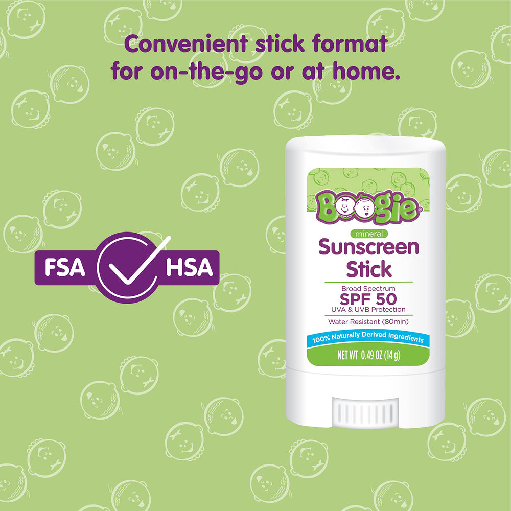 Boogie travel-size sunscreen stick perfect for kids on the go.