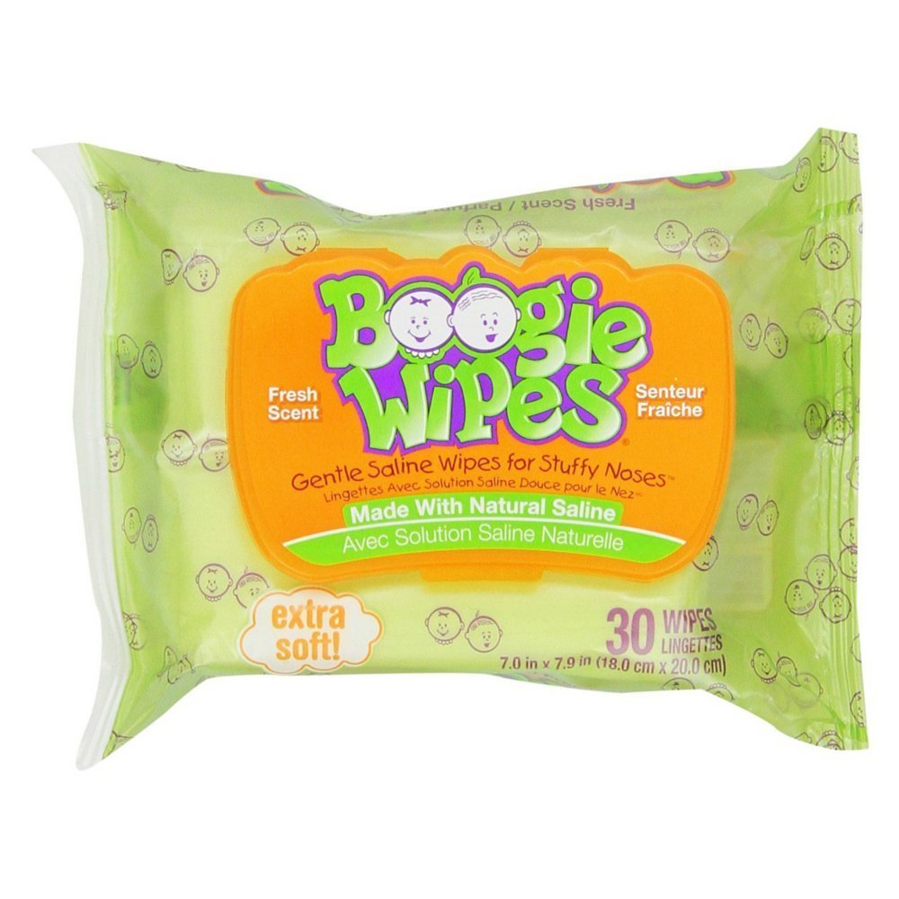 Boogie Wipes fresh-scent saline nose wipes for kids offering gentle congestion relief and skin moisture.