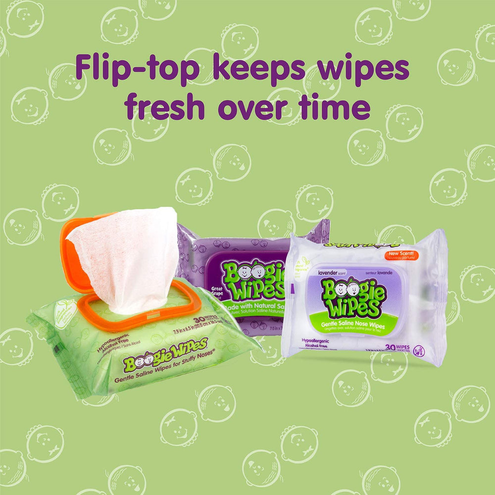 Boogie Wipes natural saline solution graphic emphasizing gentle cleansing.