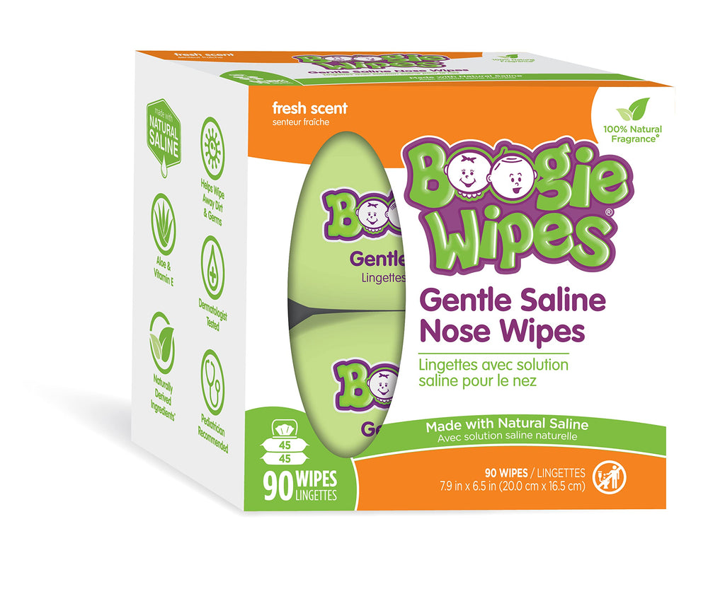 Boogie Wipes nose saline wipes gently clean noses and dissolve boogers.
