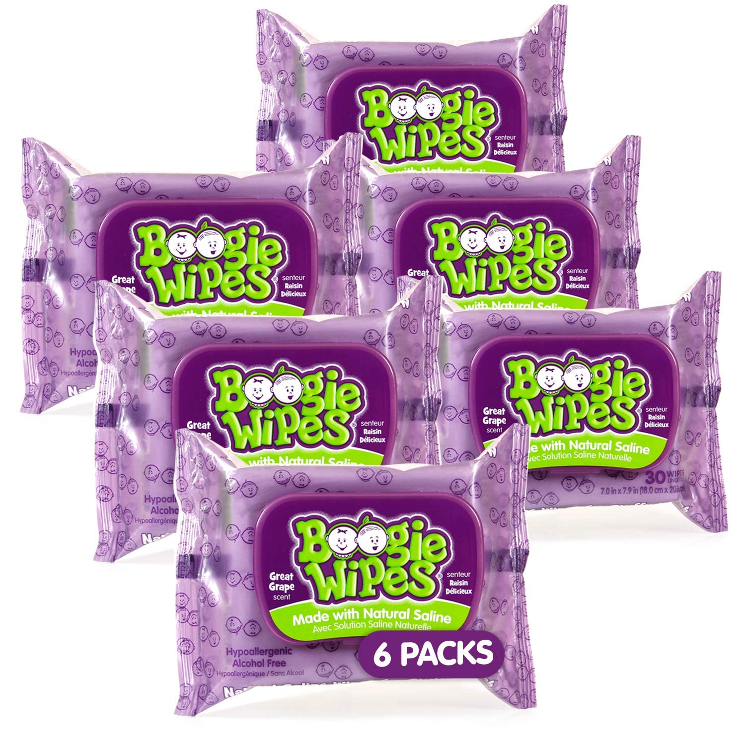Boogie Wipes saline nose wipes pack front for quick, gentle nose cleaning.