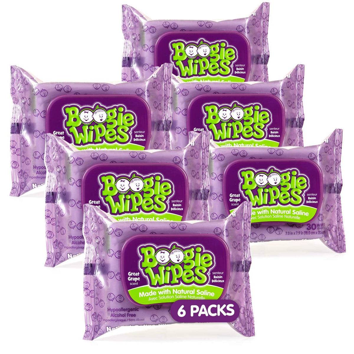 Boogie Wipes saline nose wipes pack front for quick, gentle nose cleaning.