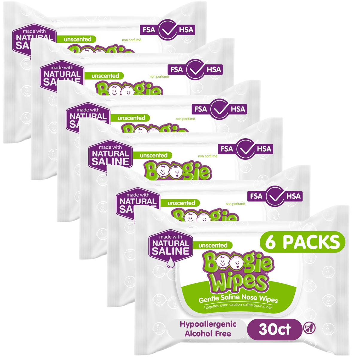 Boogie Wipes unscented front pack for gentle daily cleansing of face, hands, and nose.