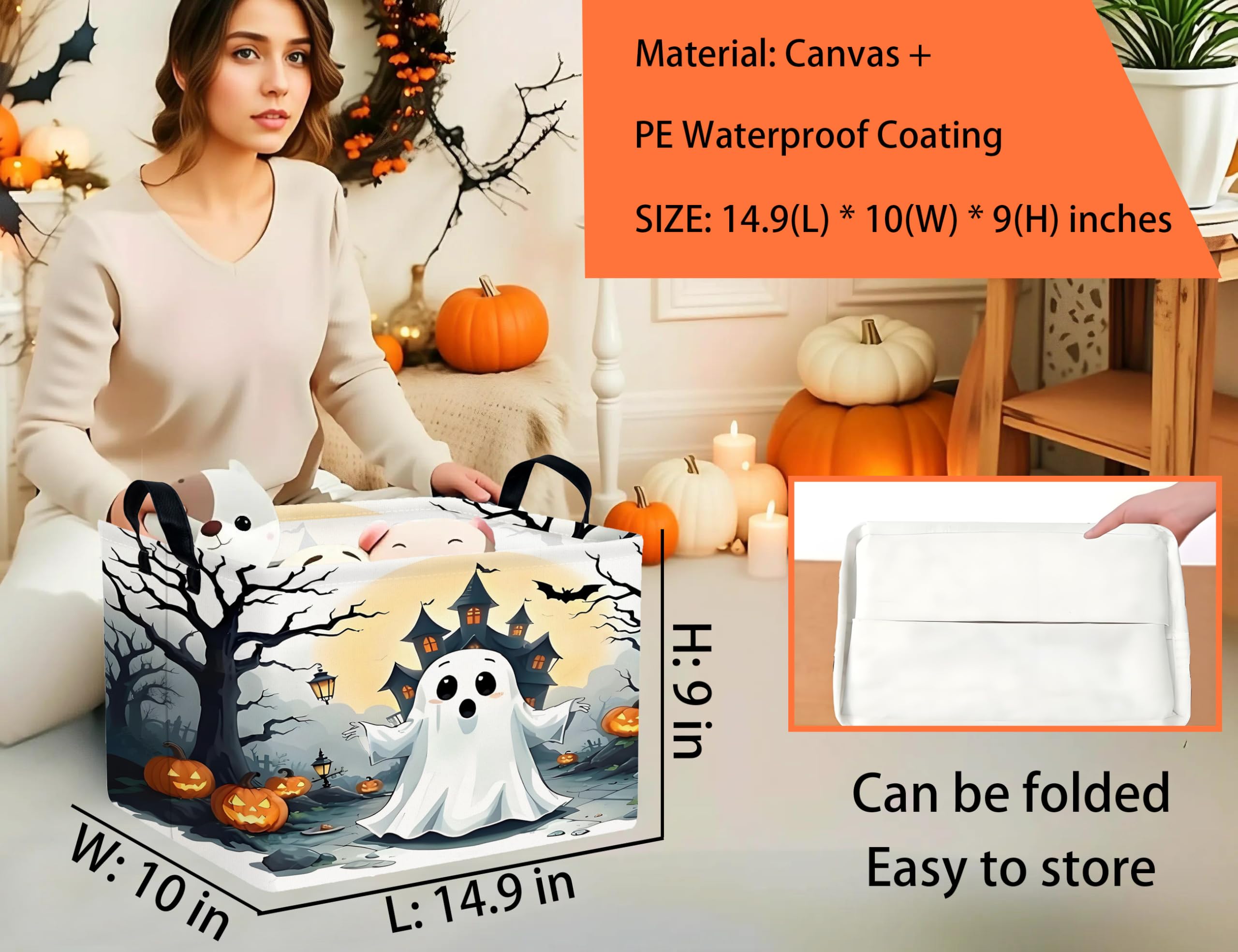 BOOHIT Boo Basket pattern detail—cheerful Halloween decor with durable canvas