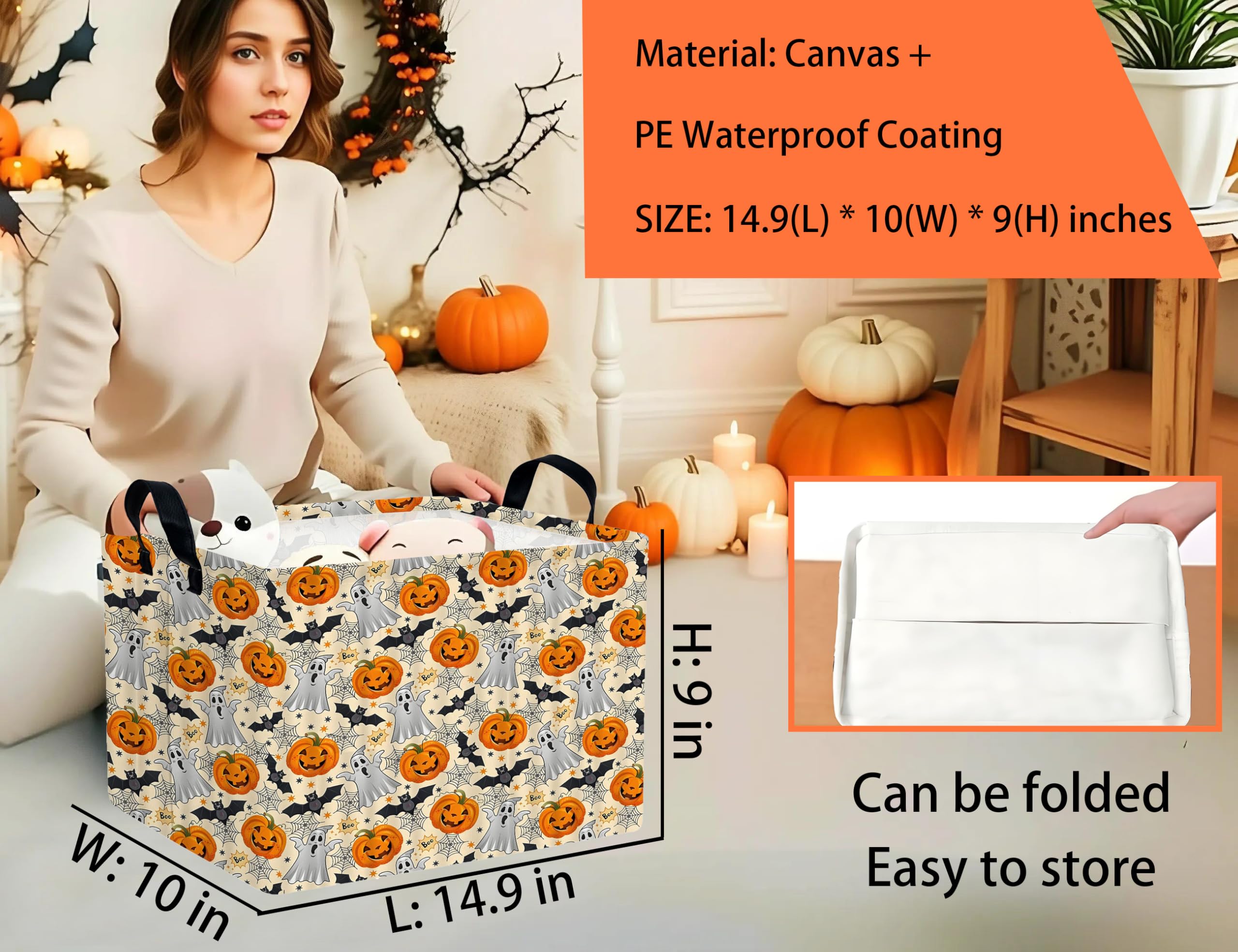 BOOHIT Boo Bat Pumpkin pattern bin highlights festive storage for toys and decor.