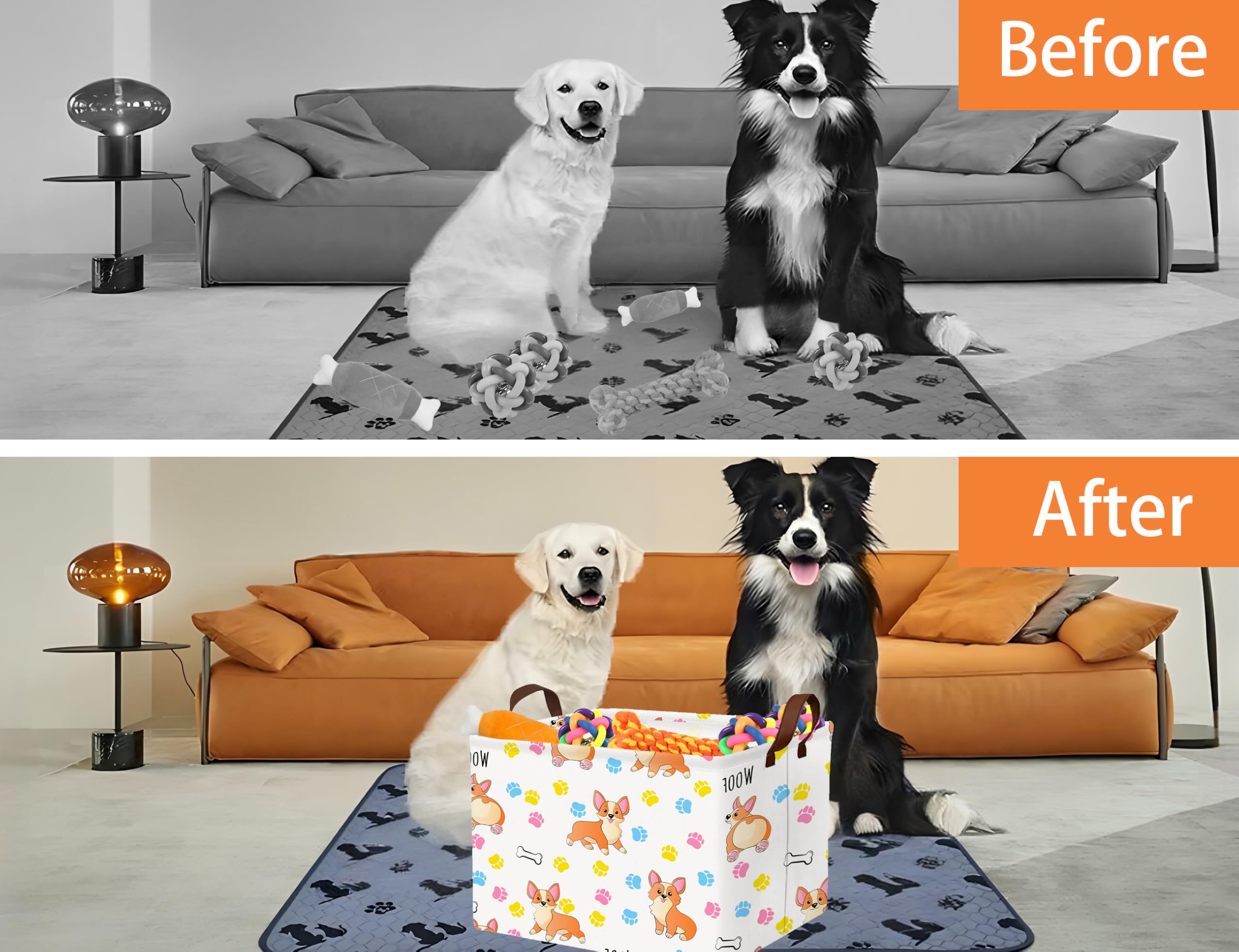 BOOHIT dog toy basket in a living room as stylish storage and decor.