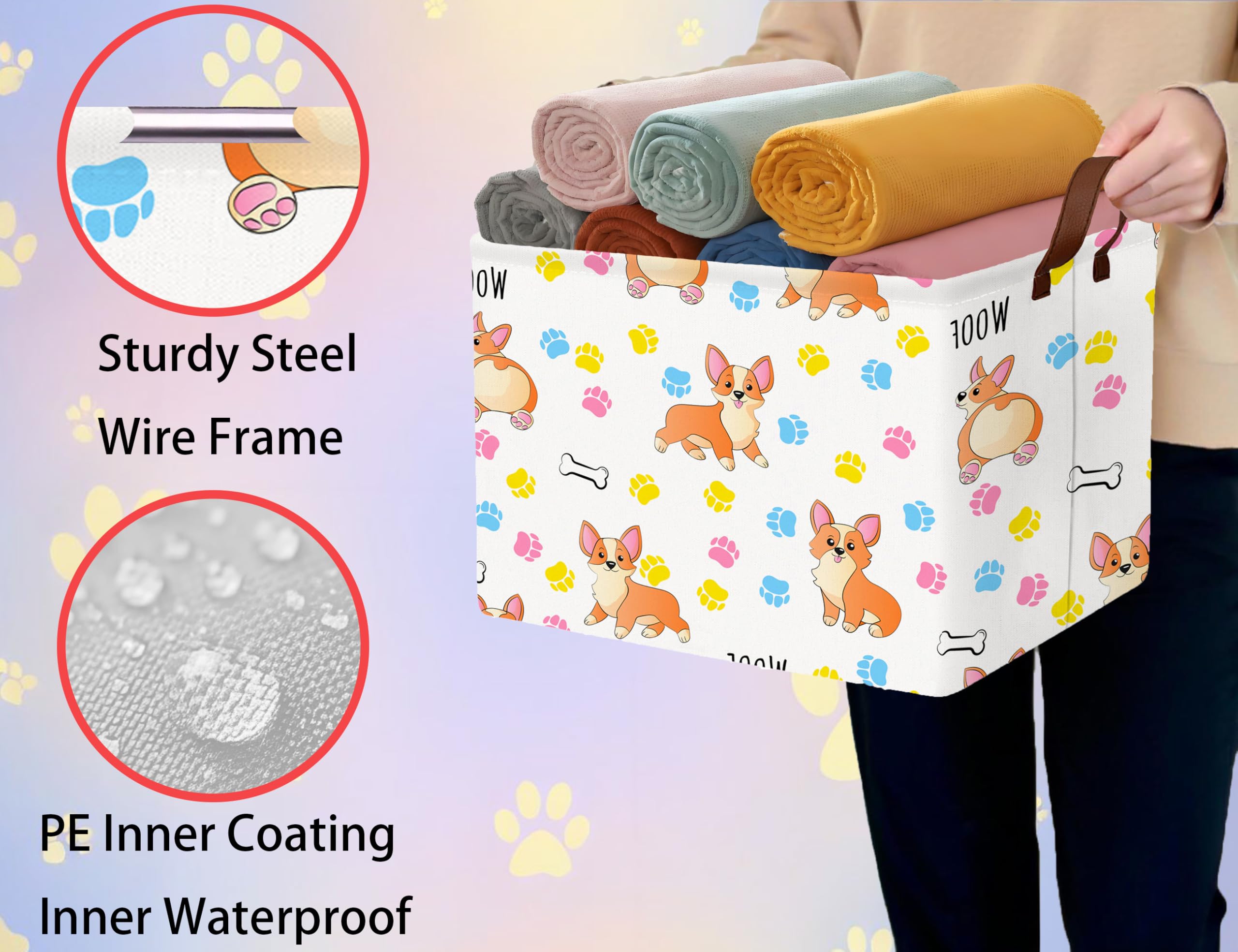 BOOHIT dog toy basket with leather-style handles for easy transport.