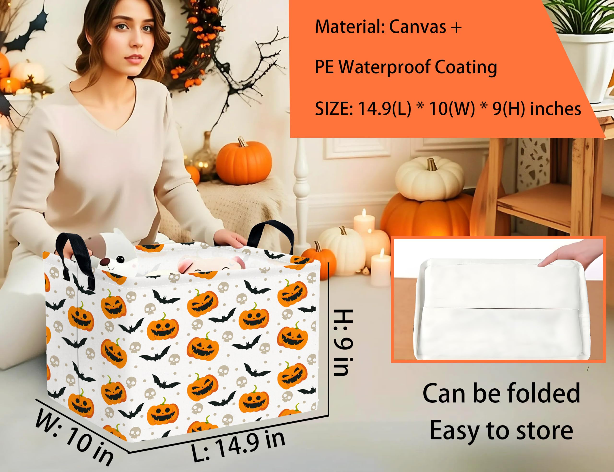 BOOHIT Halloween Boo Basket side view shows durable canvas and sturdy handles for easy carry.