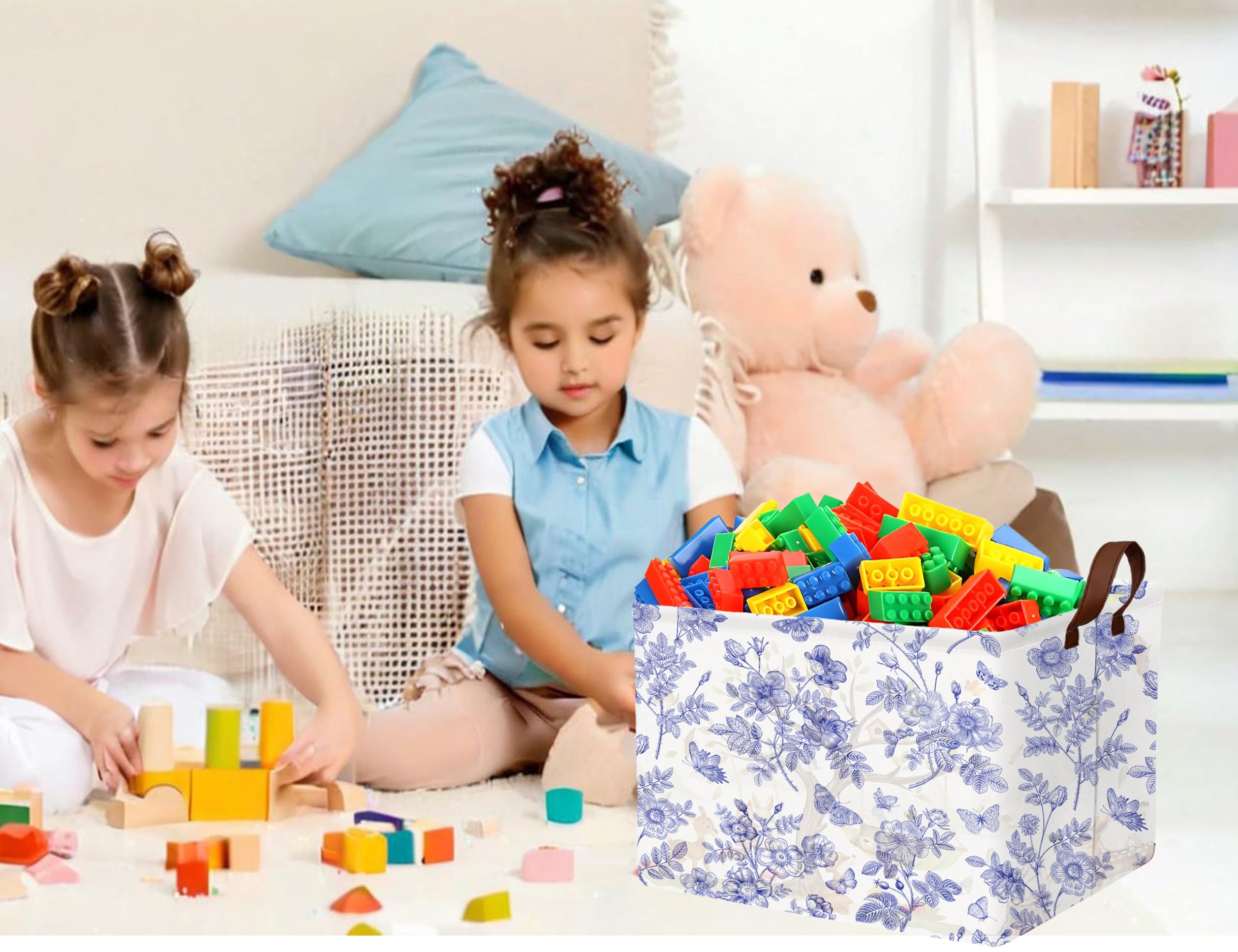 Boohit basket in a cozy room demonstrates versatile storage solution.