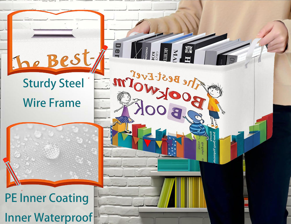 Boohit Large Kids Book Storage Bin leather handles for easy transport