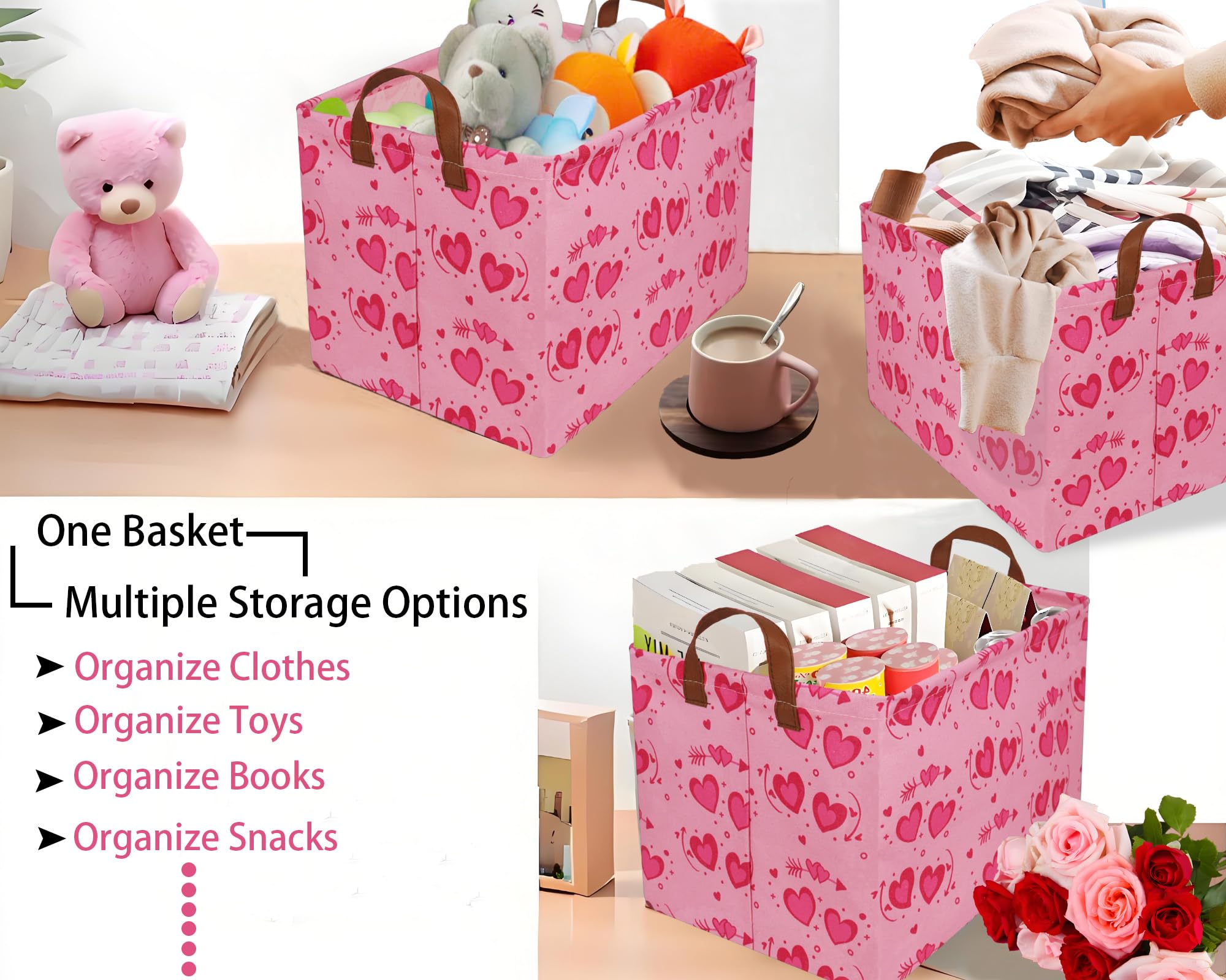 BOOHIT pink valentines basket in kids' room, organizing toys and clothes.