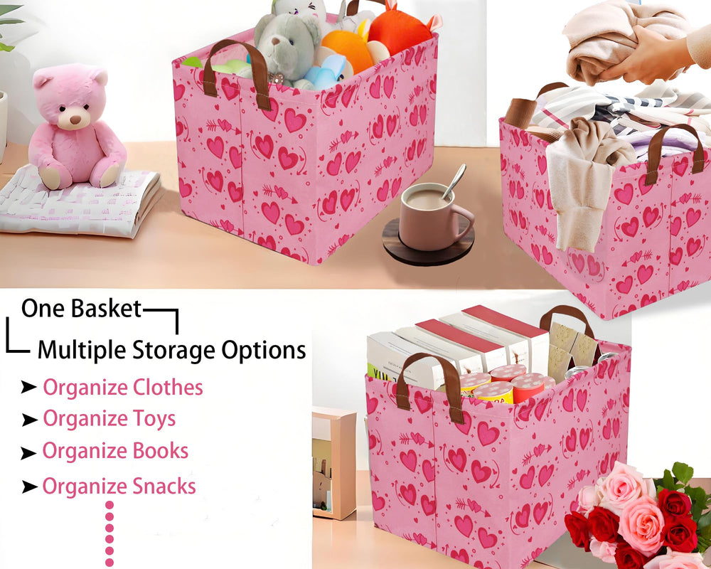 BOOHIT pink valentines basket in kids' room, organizing toys and clothes.