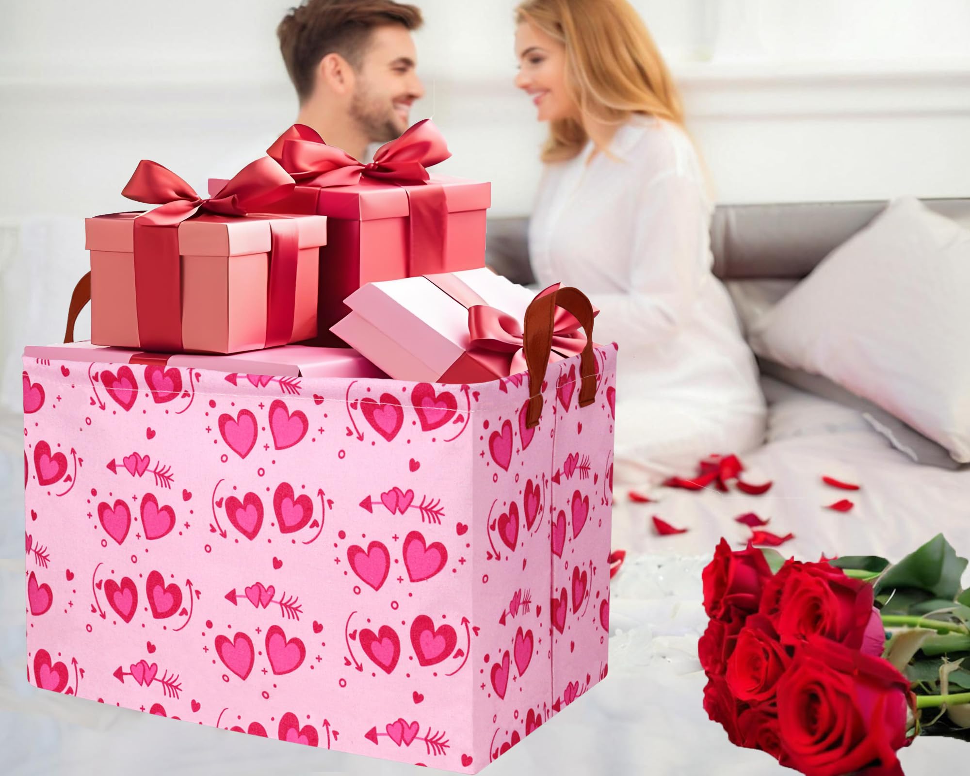 BOOHIT pink valentines basket open, showing roomy interior for toy storage.