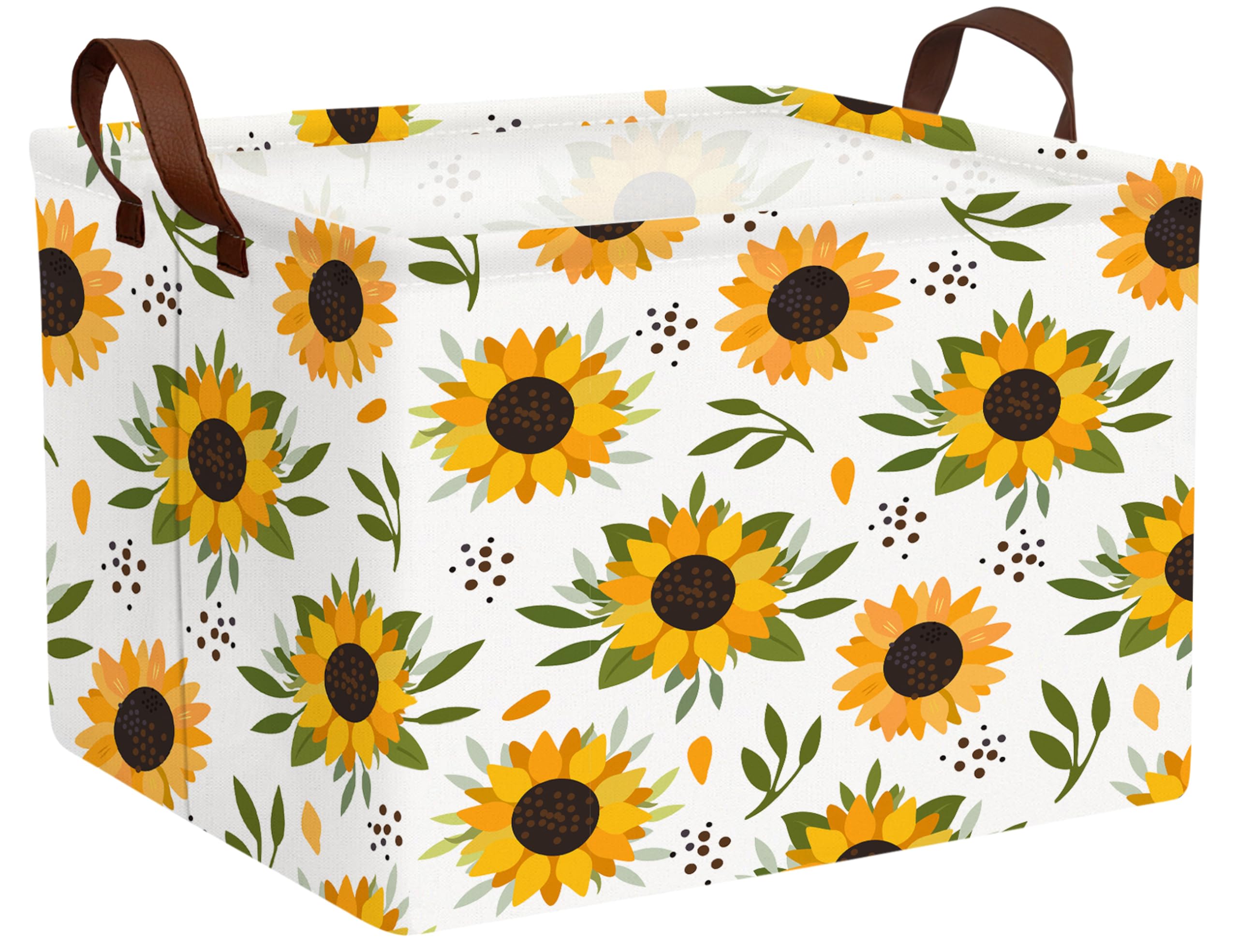 BOOHIT Sunflower canvas storage basket with leather handles for easy transport and organization.