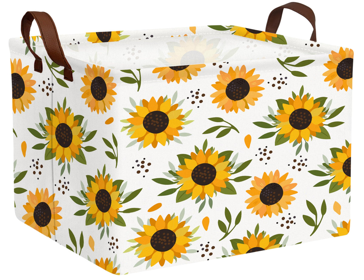 BOOHIT Sunflower canvas storage basket with leather handles for easy transport and organization.
