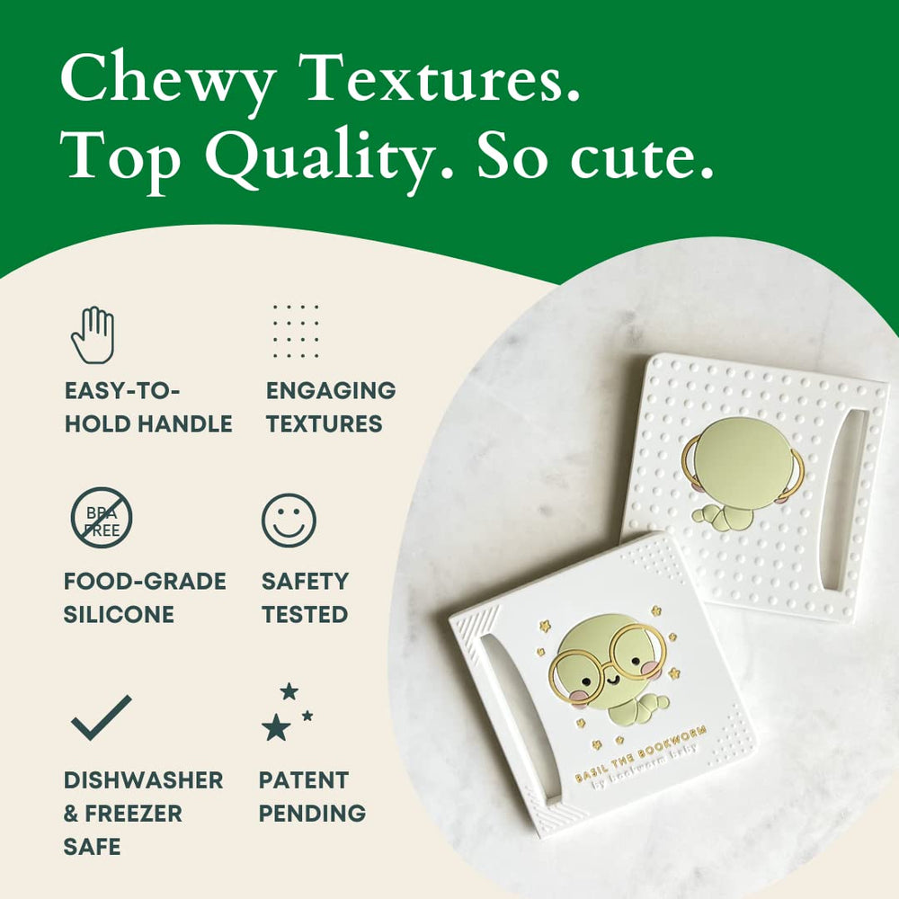 Bookworm Basil teether dishwasher top rack safe for easy cleaning